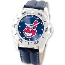 Baseball Watches - Men's Cleveland Indians Stainless Steel MLB Watch and Leather Strap