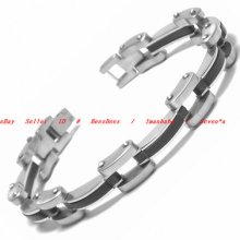 Bbr0276 Stainless Steel Rubber Biker Chain Link Fold Over Clasp Bangle Bracelet