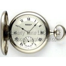 Bernex 22203 17J Swiss 6498 Rhodium Plated HC Pocket Watch Silver RN