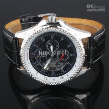 Big Off Men Black Dial Leather Band Silver-tone Case Automatic Mecha