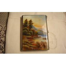 Big Sale, Vintage Sterling Silver And Guilloche Enamel Cigarette/Card Case With A Beautiful Scene Painted, One Of A Kind. Sale 1/2 Off