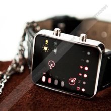 Binary Led Digital Watch Black Pu Leather Band Mens Watch Date Time Am