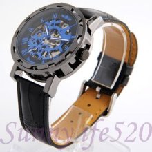 Black Case Dial Blue Roman Numeral Self Winding Mechanical Men Women Wrist Watch