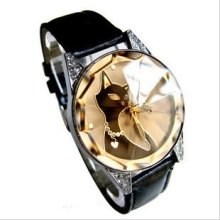 Black Cat Lady's Fashion Quartz Wrist Watch with Crystal Glass Surfac