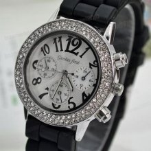 Black Digital Rhinestones Stainless Steel Case Men Women Wrist Wacth