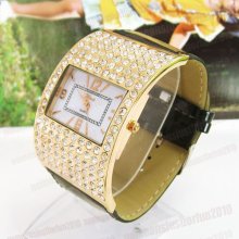 Black Leather Band Vaulted Crystal Rhinestone Dial Women Quartz Wristwatch M679b