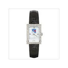 Black leather new york rangers watch with cz frame