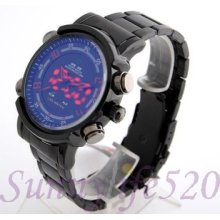 Black Stainless Steel Analog Chronograph Led Multialarm Day Date Men Sport Watch