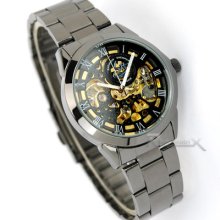 Black Stainless Steel Automatic Mechanical Skeleton Business Men Watch + Box