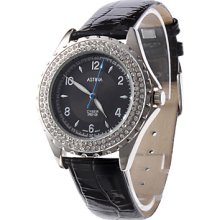 Black Women's Simple Design Diamond PU Analog Quartz Wrist Watch