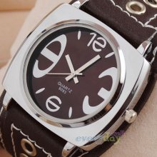 Brown Leather Quartz Movement Wristwatch Square Frame Fashion Battery Cool