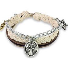 Brown Leather St. Benedict Bracelet Wristband Cuff K74