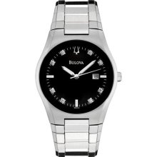 Bulova Mens Diamond Date Watch Stainless Steel Black Dial 96D104