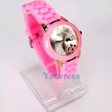 Butterfly Style Women Ladies Round Case Silicone Quartz Wrist Watch Pink