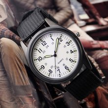 Canvas Band Military Army Sport Men Women Wrist Watch Stainless Steel Case White