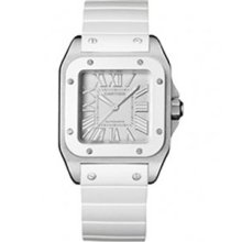 Cartier Santos 100 Watch White Rubber Band Silver Roman Dial W20129U2