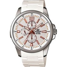 Casio Ef343-7a Men's Edifice Silver Textured Dial White Strap Dual Time Watch