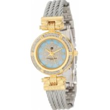 Charles-Hubert Paris 6779-T Gold-Plated Light Blue MOP Dial with Stainless Steel Wire Bangle Watch