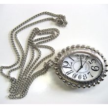 Christmas Style Pocket Watch/pendant Necklace W Flower Cross