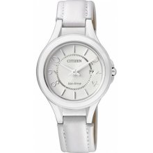 Citizen Eco-drive Ladies Women's All-white Leather Wr 50m Watch Fe1020-11b