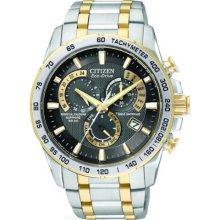 Citizen Men's Eco-Drive Chronograph Watch At4004-52E With A Black Dial And A Two Tone Stainless Steel Bracelet