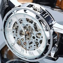 Classic Men Black Leather White Dial Skeleton Mechanical Sport Watch Dailyetrade