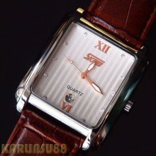 Classic Vintage Rectangular Brown Leather Analog Men Wrist Watch Quartz