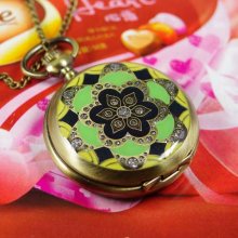 colorful flower green bronze Pocket Watch Antique classics Crystal wp017