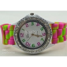 Colorful Rainbow Geneva Silicone Crystal Gel Quartz Analog Sports Wr