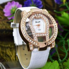 Crocodile Stripe Band Transparent Quartz Rhinestone Hollow Wrist Watch White