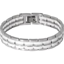 Cubic Zirconia Accented White Cermanic And Stainless Steel Men's Bracelet