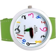 Cute Womage Number Dial Pencil Hands Girls' Wrist Watch Faucy Leather Green