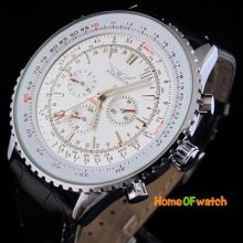 Deluxe Men White 3 Sub-dials Date Automatic Mechanical Black Strap Wrist Watch