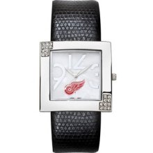 Detroit Red Wings Chrome Ladies Glamour Watch Leather Strap LogoArt