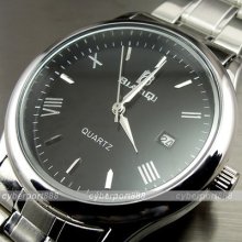 Dial Water Quartz Hours Date Silver Hand Black Men Steel Wrist Watch Wg145