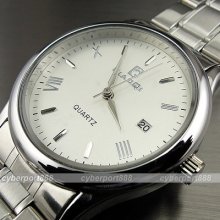 Dial Water Quartz Hours Date Silver Hand White Men Steel Wrist Watch Wg144