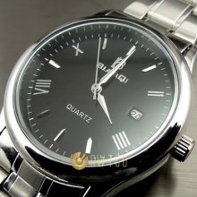 Dial Water Quartz Hours Date Silver Hand Black Men Steel Wrist Watch Wt145