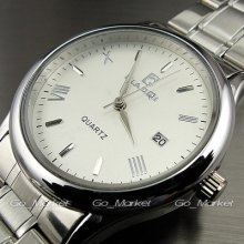 Dial Water Quartz Hours Date Silver Hand White Men Steel Wrist Watch Wh144