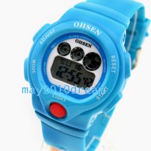 Digital Wrist Quartz Rubber Band Watch Blue Ohsen Sport