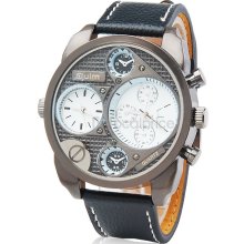 Dual Quartz Movement Analog Sporty Watch with Faux Leather Strap (White)