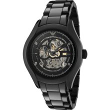 Emporio Armani Women's Ceramica Silver Skeletonized and Black Dial Bla