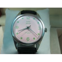 Excellent Beautiful Pink Hmt Janata Winding Men Steel Vintage Rare Watch Running