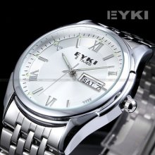 Eyki Elegant Mens White/black Stainless Steel Date Day Quartz Dress Wrist Watch