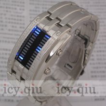 Fashion Binary Digital Watch Green Led Metal Band Boys Gift Black Silver P8