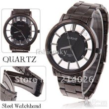 Fashion. Black Steel Quartz Analog Watch For Men With Hollow Dial I