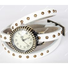 Fashion Leather Retro Bracelet Wrap Around Lady Woman White Wrist Watch