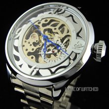 Fashion Men's Blue Hands Hollow Skeleton S/steel Automatic Mechanical Watch