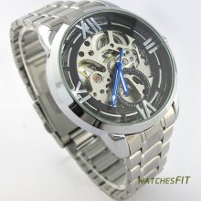 Fashion Mens Transparent Skeleton S/steel Automatic Mechanical Wrist Watch