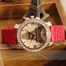 Fashion Paris Tower Crystal Dial Luxury Men Women Quartz Wrist Watch Bracelet Ao