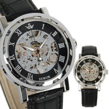 Fashion Skeleton Black Leather Men Hand-winding Mechanical Wrist Watch+gift Box